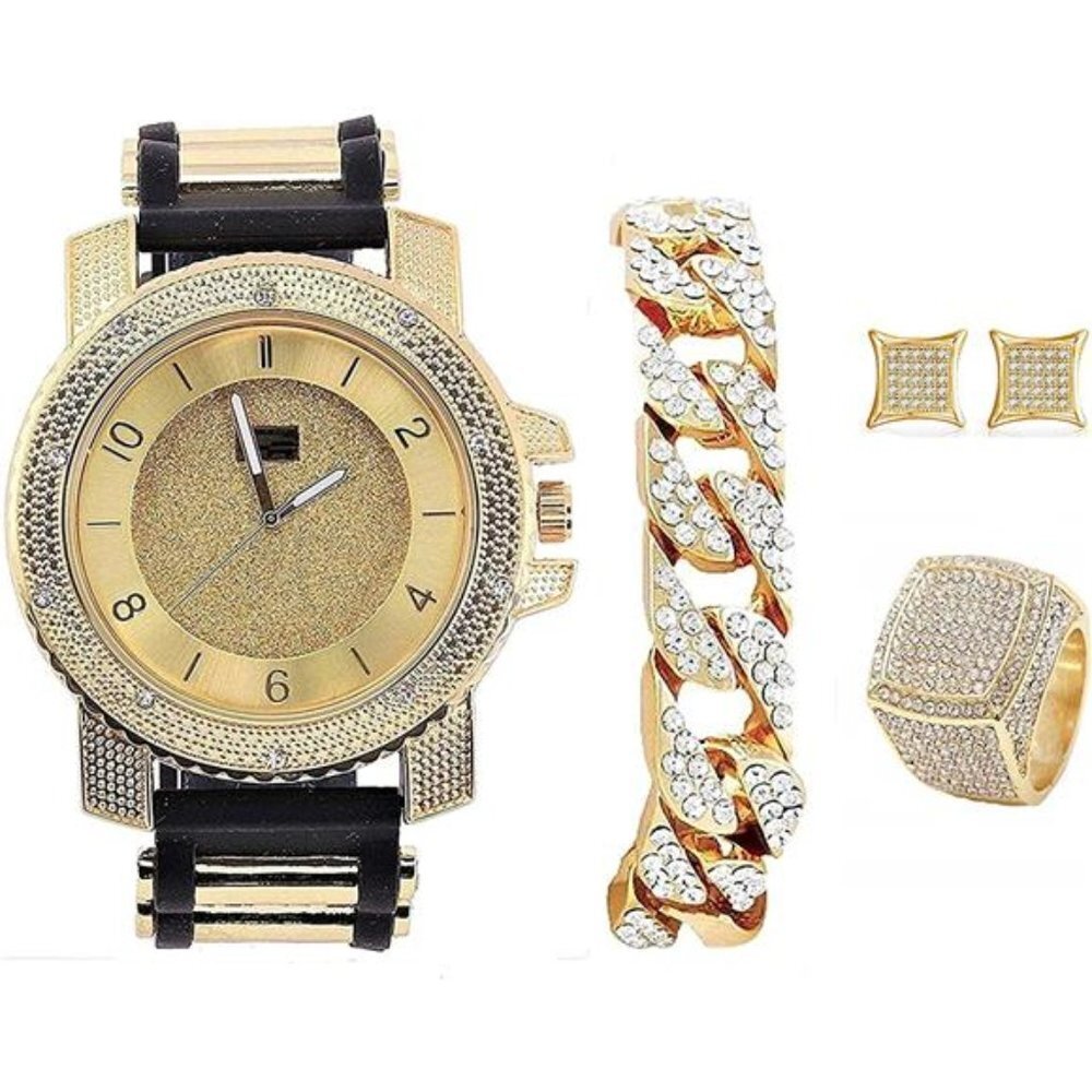 Gold Fully Iced Out Watch & Jewelry Set w/Cuban Chain Bracelet, Earrings & Ring